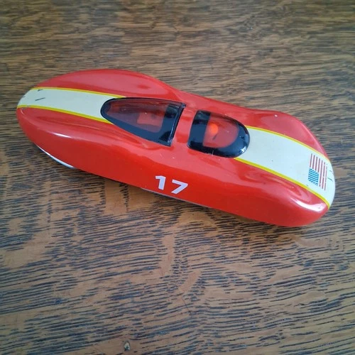 Vintage Schylling Tin Toy Litho Race Car #17 Red American Flag Friction Action