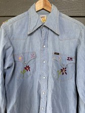 Vintage Lee Hippie Denim Embroidered Eagles Pearl Snap Button Up Shirt 70s M