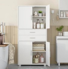White Kitchen Bathroom Cabinet Tall Storage 4 Doors 2 Drawers Adjustable Shelves