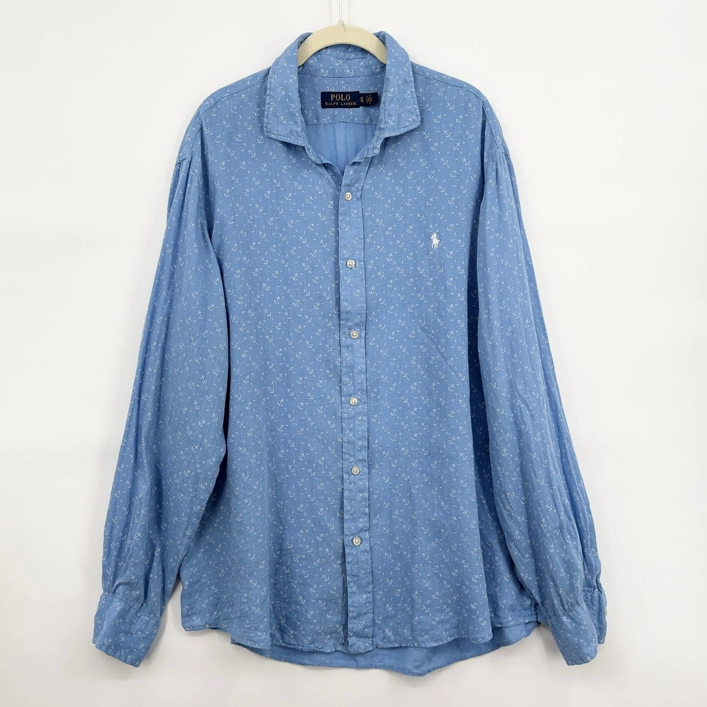 Polo Ralph Lauren Size XL Button Up Shirt 100% Linen Anchor Print Coastal Preppy