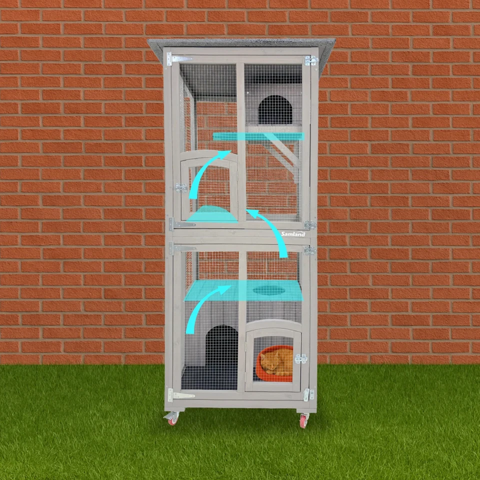 Samland Outdoor Wooden Cat Enclosure Catio with Wheels, Double Cat Houses & Roof - image 2 of 4