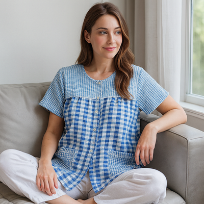 #ad VTG Lati Fashion Sleepwear Women’s MED Gingham Seersucker Pearl Snap House Shirt $14.99