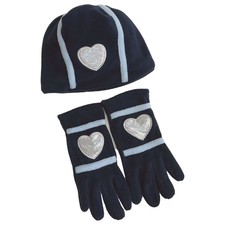 Girls Blue  Sliver Fleece Heart Theme Beanie  Gloves Set