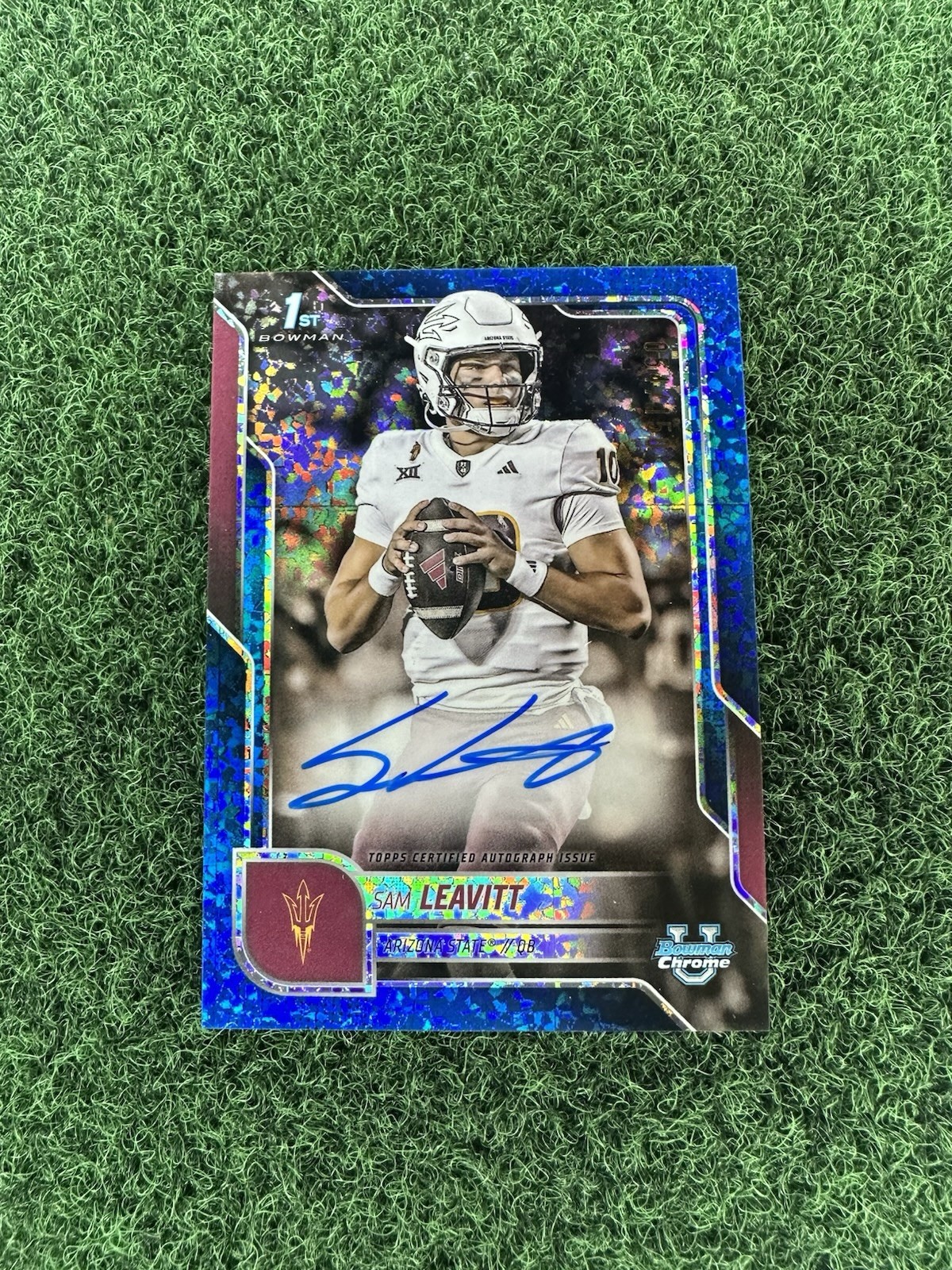 2025 Bowman Chrome University Sam Leavitt Blue Refactor 1st Auto /150 ASU