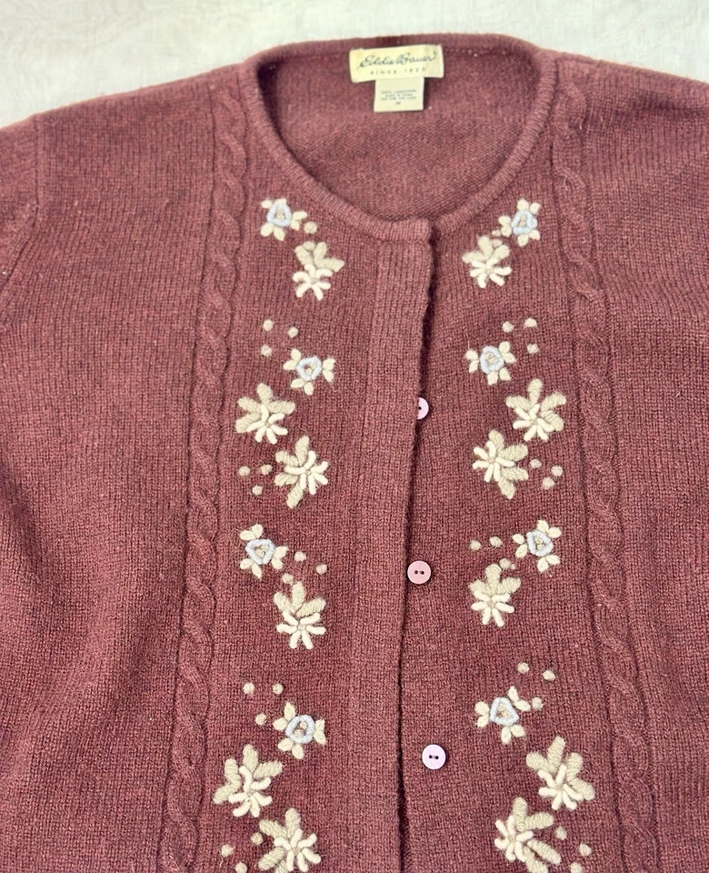 Cárdigan Suéter Vintage Eddie Bauer Lana de Cordero Floral Bordado Para Mujer’s M Foto 3 de 4