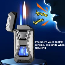 Voice Controlled Ignition Dual Flame Butane Gas Lighter Switching Jet Fire E