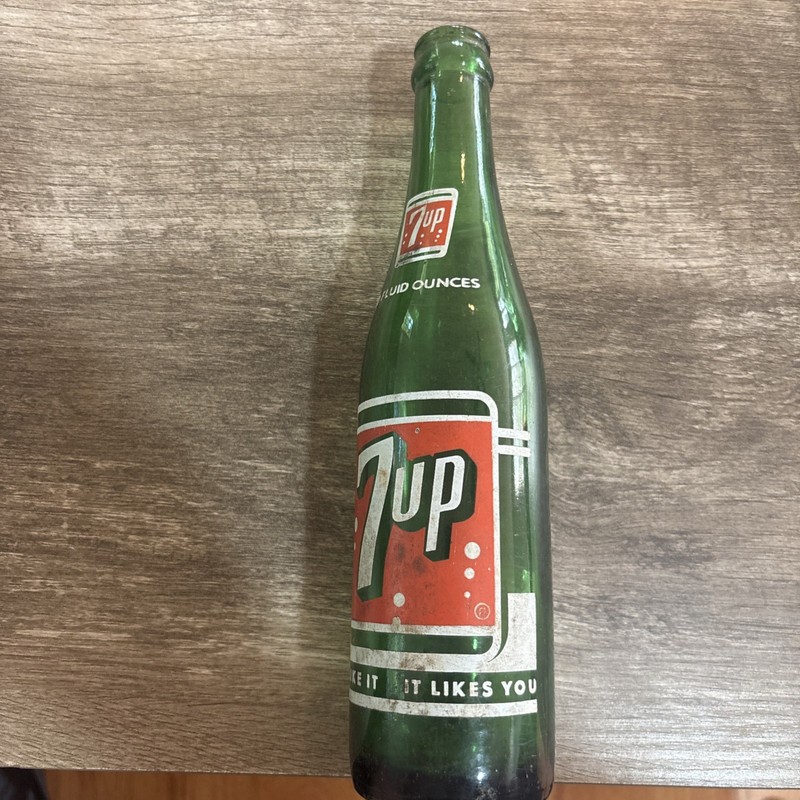 Vintage 7 Up Green Glass Soda Bottle 10 oz Collectible Retro Beverage Container