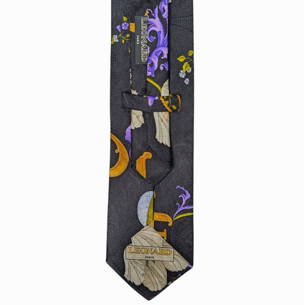 LEONARD PARIS Silk tie Deco design with white-purple flowers & gold letters-EUC