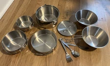 Vtg Coleman Peak 1 Stainless Nesting Pot Set Pans 6 Pc Lid Utensils Cook Camp