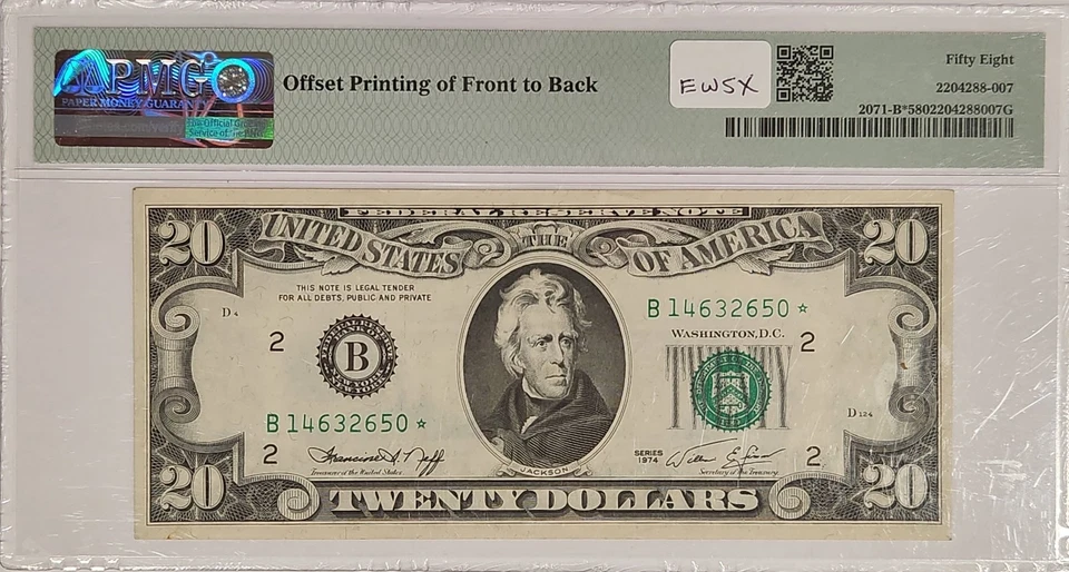 1974 $20 FRN ~ Star Note & Offset Printing Error ~ Fr#2071-B* PMG 58 Choice AU - Image 2 of 2