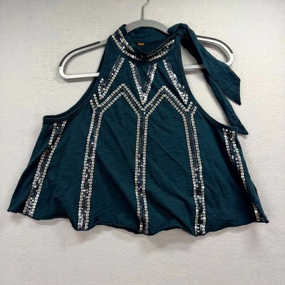 Free People Crop Tank Top Women Dark Turquoise Sequin Glitter City Tie Mock Neck