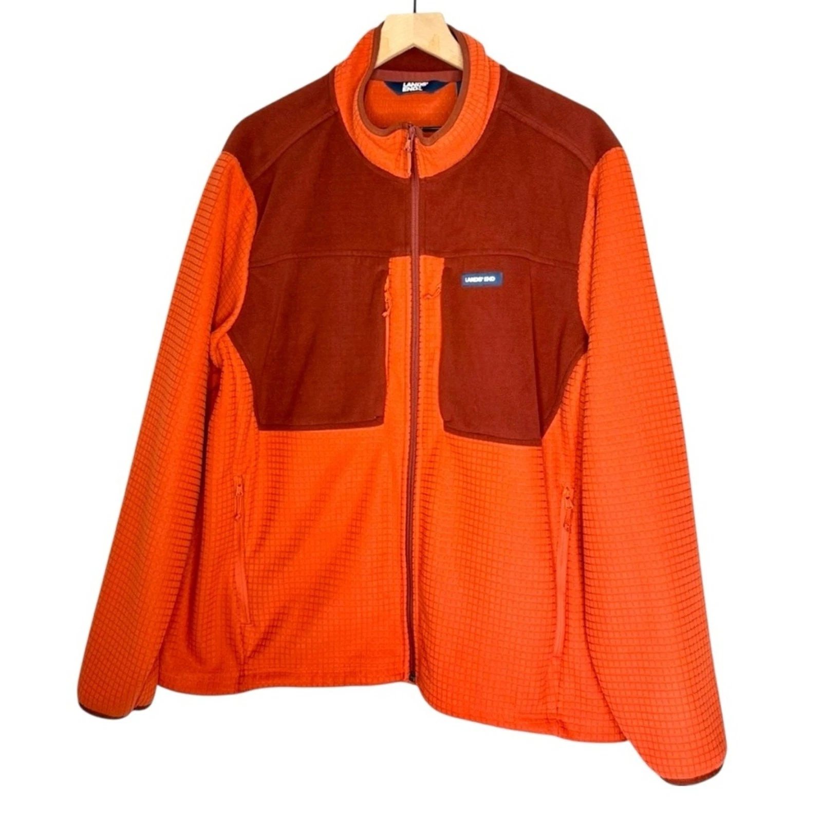 Lands’ End Men’s XL Grid Fleece Jacket Red Orange Zip Up 4 Pockets