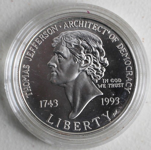 1993 Thomas Jefferson 250th BU Silver Dollar Commemorative $1 Coin Box and COA - Picture 5 of 6