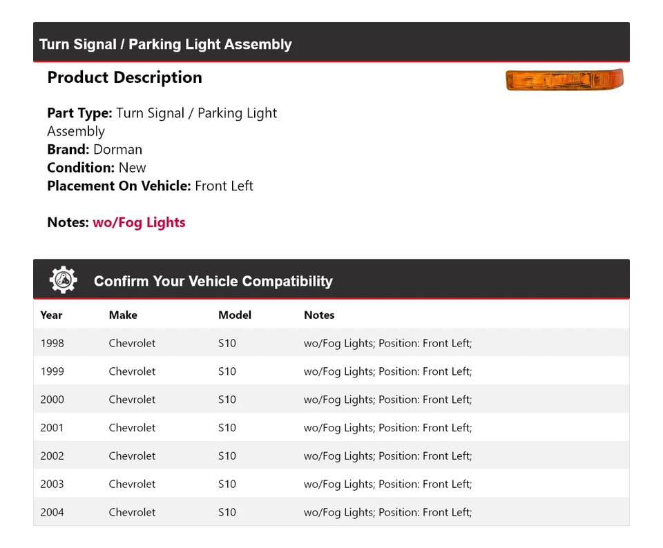 Conjunto de luz de giro/estacionamiento delantera izquierda 1999 para Chevrolet S10 Dorman 1998-2004 Foto 2 de 4