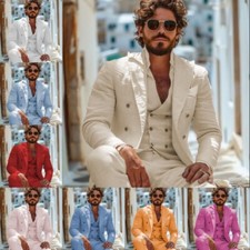 Linen Men Suits 3 Pieces Peak Label Double-Breasted Groom Party Wedding Tuxedos