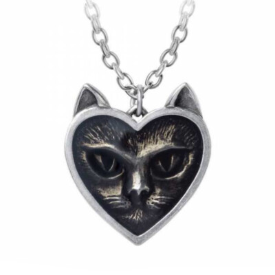 SCHWARZE KATZE ANHÄNGER ALCHEMIE LIEBE KATZE Herzform Zinn Emaille Gothic + GRATIS ETUI