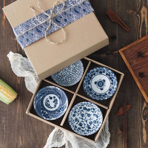 Set of 4 Japanese Style Ceramic Rice Bowl Assorted Designs Traditional Blue - Picture 2 of 7