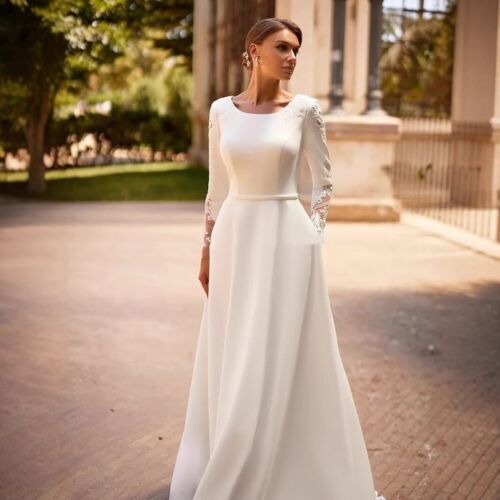 Boat Neck Wedding Dresses Long Sleeves Bridal Gowns Applique Sweep Train A Line - Picture 2 of 14