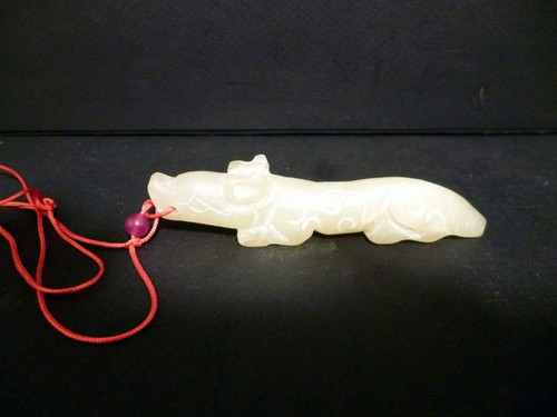 Chinese 100% Nature Hetian Jade 90mm  w/ Red Bead 7mm & Density 3.16 Statue 3365 - Picture 4 of 10