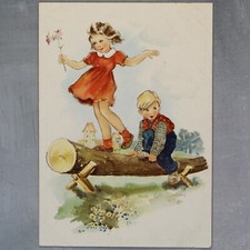 Girl as tightrope walker - go over log Blond Boy Old postcard 1940s WITTING🌷