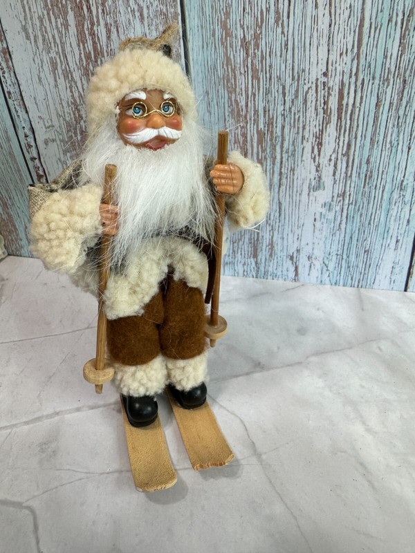 Folk Art Santa on Skiis Fabric Wood and Plastic Figure/Ornameny