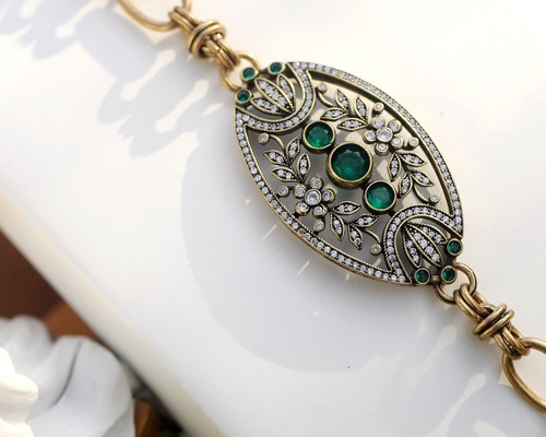 Bracelet Réglable Doré Antique Art Deco Ovale Laurier CZ Vert SC31 - Imagen 9 de 9