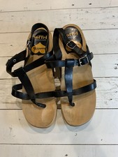 Vintage Strappy Toffel Swedish Hasbeens Wood Wooden Clogs Sandals Black 38 VGC