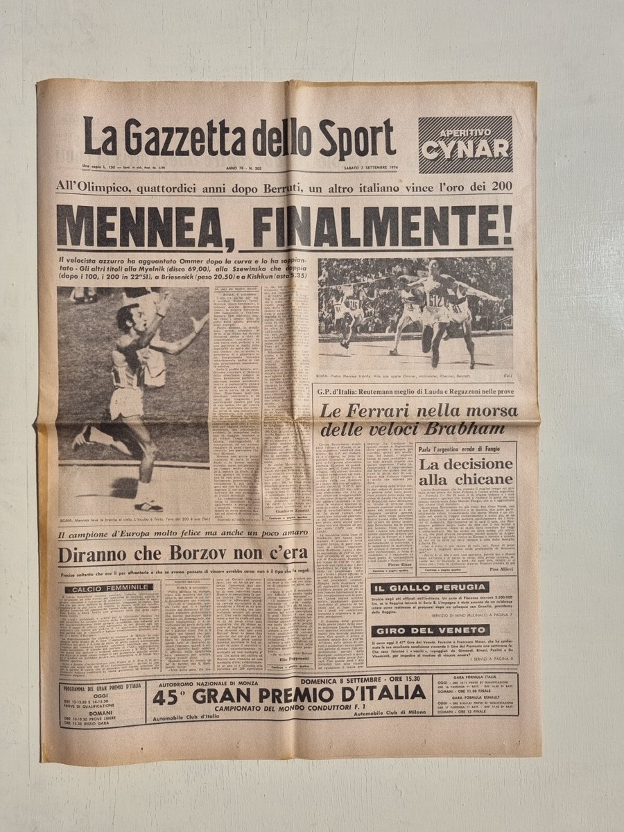 Gazzetta Dello Sport 7 Septembre 1974 - Pietro Mennea Vainqueur 200m Aux Europe De Rome