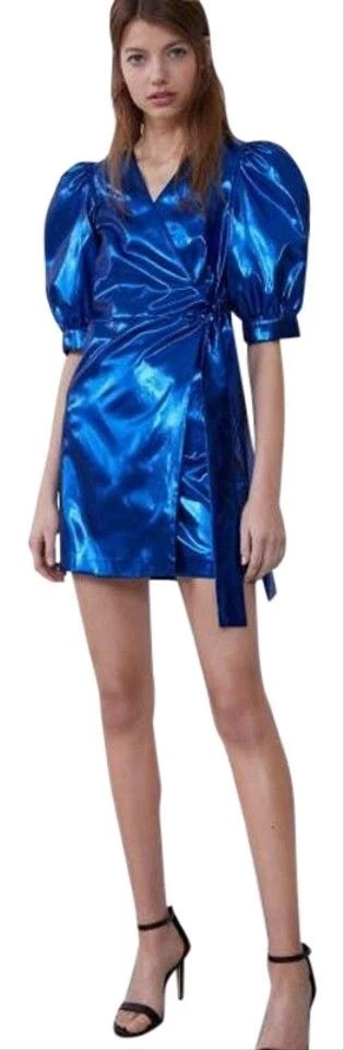 Zara Metallic Royal Blue V-Neck Short Puff Sleeve Tie Mini Dress Size XS