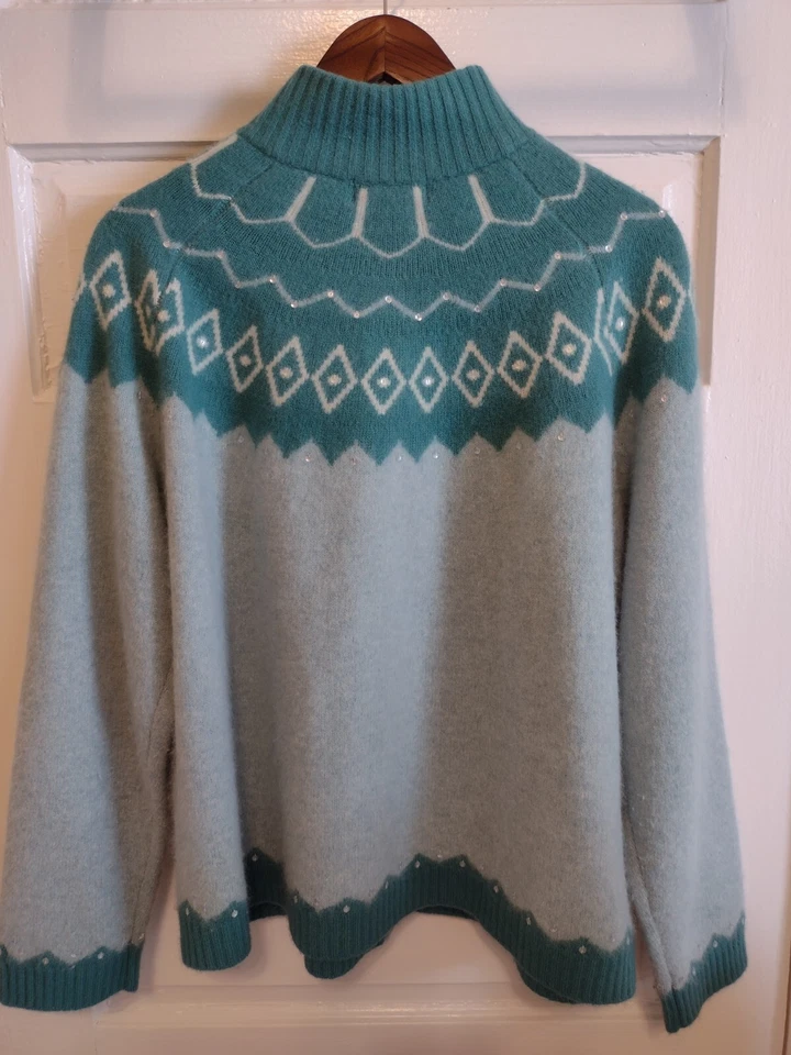 De Colección Lana Angora Conejo Cremallera Suéter Cárdigan Nórdico Para Mujer 2X Verde Esquí Contexto Foto 2 de 4