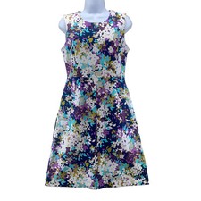 Lands End Dress Size 4 Turquoise Purple Navy Blue White Floral Sleeveless A-Line