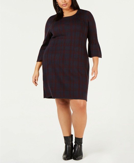 Plaid Bell Sleeve Knit Sweater Dress 