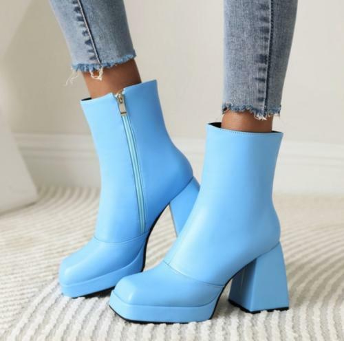 Damen-Stiefeletten eckige Zehenpartie klobiger Blockabsatz seitlicher Reißverschluss Freizeitschuhe Clubwear - Bild 10 von 15
