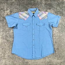 Vintage Ely Cattleman Western Shirt Mens XL Blue Pink Plaid Yoke Pearl Snap 80s