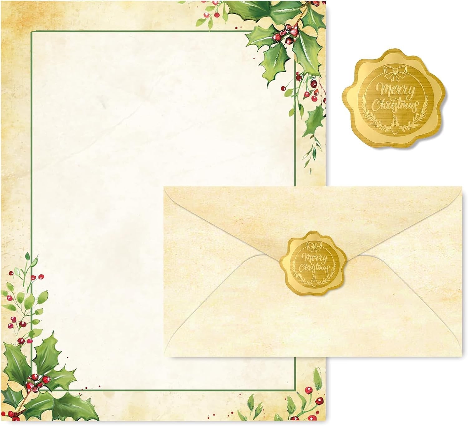 60 Pcs Christmas Stationery Set Xmas Vintage Holly Leaves Letterhead Letter Writ