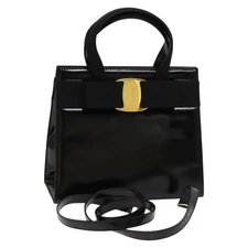 Salvatore Ferragamo Vala Hand Bag Patent Leather 2way Black Gold Auth yk17900