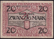 Germany Frankfurt 20 Mark 1918 Vintage WWI Emergency Paper Money Banknote VF
