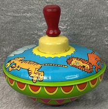 Vintage Ohio Art Spinning Top Metal Tin Toy Circus Animals Lion Tiger Elephant