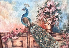 Old Antique Art Nouveau Deco Oil Painting Portrait Peacock & Flowers Landscape