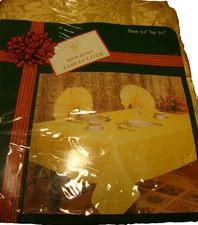 Vintage "Holiday Sultan's Linens" Gold Tone Polyester Tablecloth 52"x70"    242 