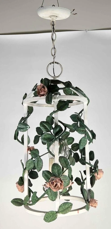 1950s Mid Century Italian Cast Iron Rose Vine Lantern Pendant Light Chandelier - Image 4 of 4