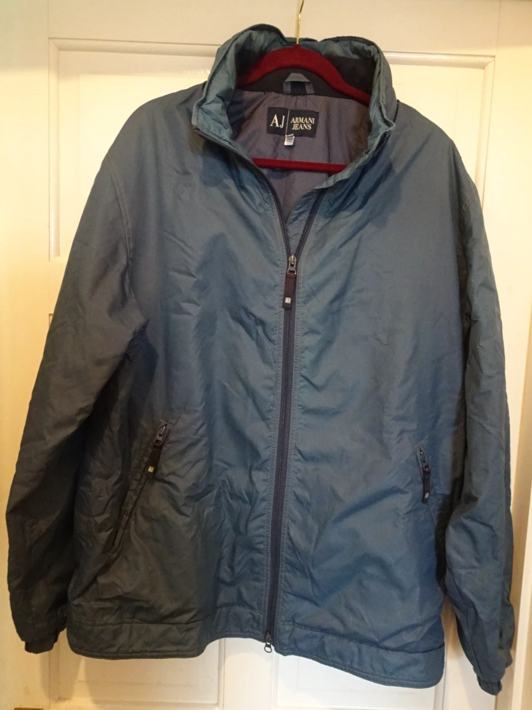 Rare ARMANI JEANS large (40") tempest blue jacket concealed hood- Cost £275