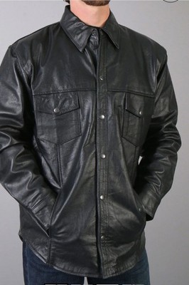 Hot Leathers Biker Black Leather Biker Shirt Medium 100% Leather Motorcycle