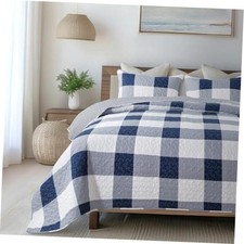 - Blue and White Buffalo Plaid Quilt Set with 2 Shams Queen Checks and Stripes
