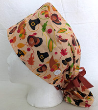Fall Theme Working Scrub Cap Leaves Pilgrim Hat Cornucopia Satin Lined Sweatband