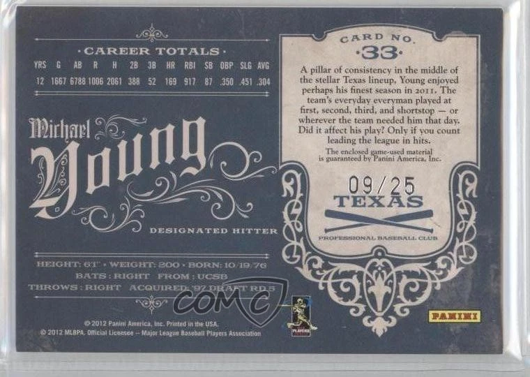 2011 Playoff Prime Cuts Century Silver Materials /25 Michael Young #33 - Image 2 of 2