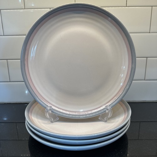 4er Set Pfaltzgraff Aura 10" Essteller Rosa Blau Bänder Hergestellt in den USA