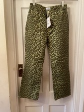 New Ganni Green Leopard Print Betzy Slim Flare High Rise Cropped Jeans,30/12