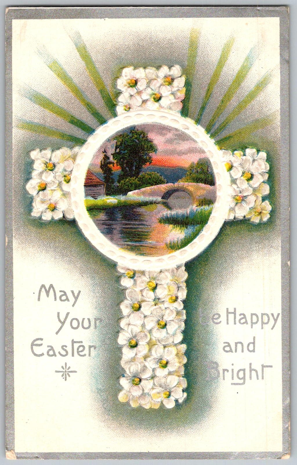 Antique Postcard Easter Cross Floral Vignette 1910s