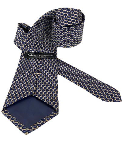 Salvatore Ferragamo Tie Dog Geometric Print Silk Dark Blue Necktie Free shipping - Picture 2 of 13